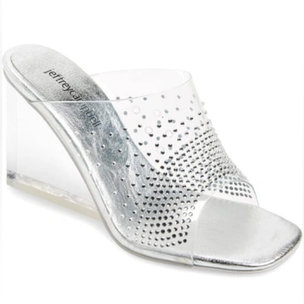 Jeffrey Campbell Clear Silver Rhinestone Wedge Slide Mule Heel Size 7.5 Org.$150